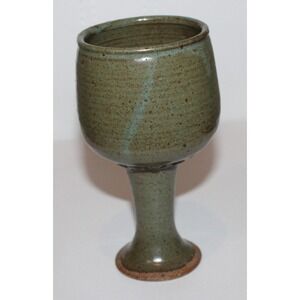 vintage 6 1/4" rustic studio pottery stoneware goblet green speckled decorated